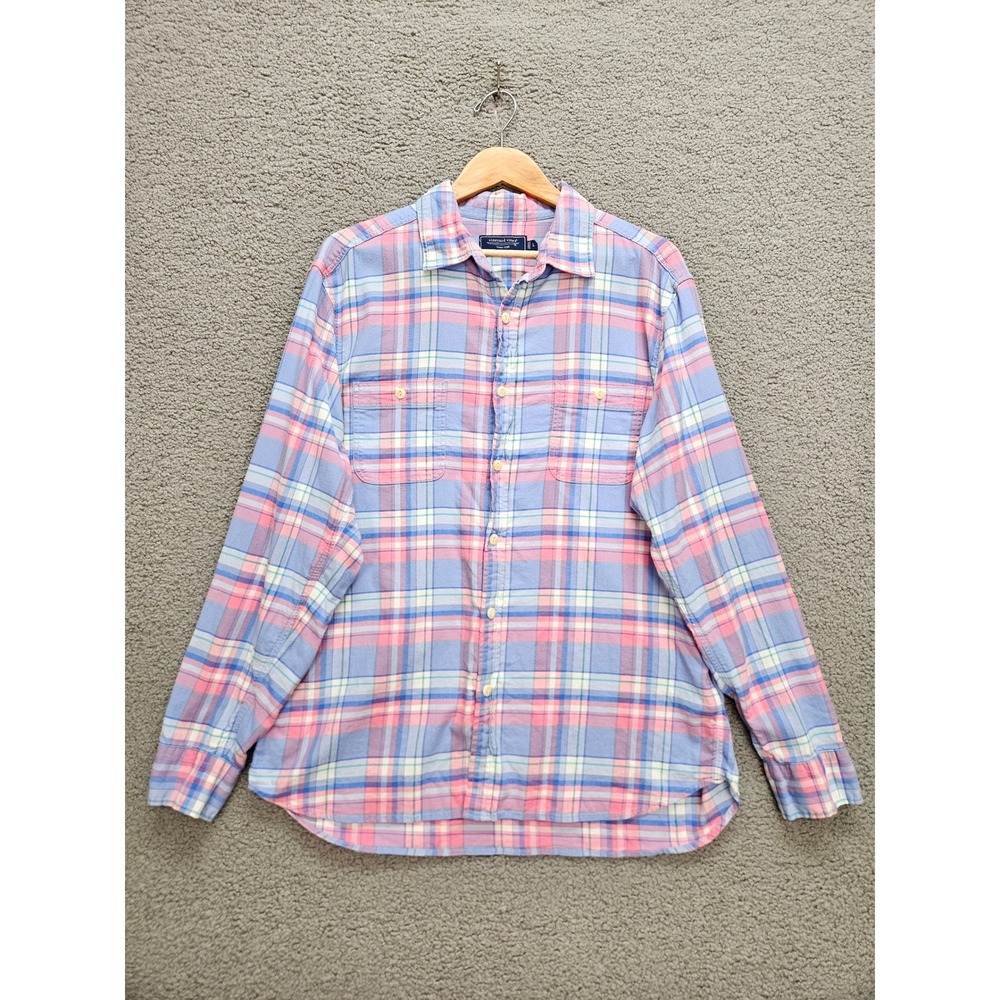 Vineyard Vines Button Down Shirt Large Blue Pink Plaid Coastal Preppy Linen